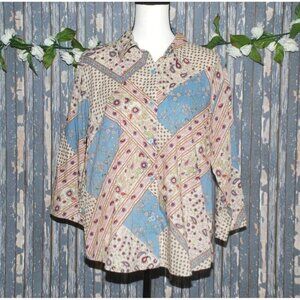 Lemon Grass Patchwork Ladies Blouse Top Size XL Button Up Gannycore Artsy Hippie